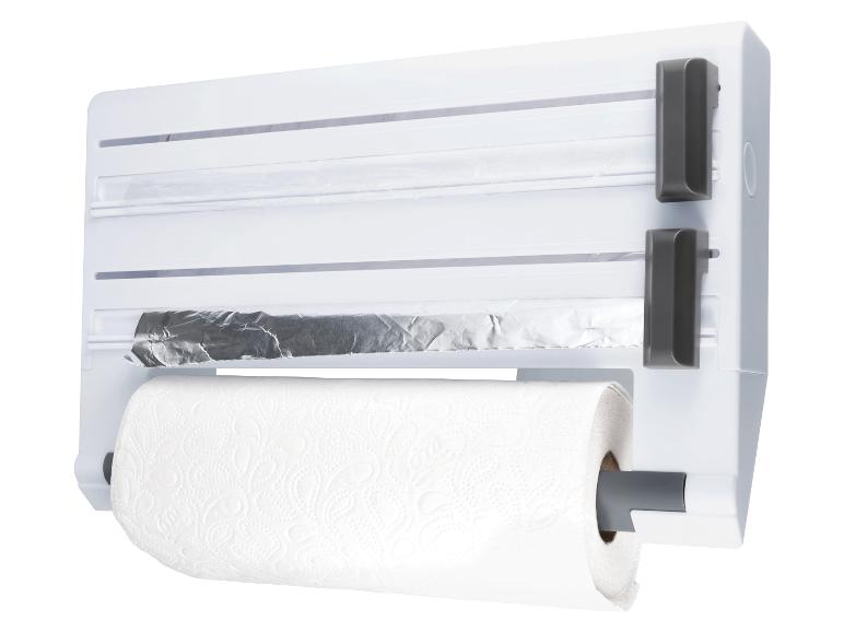 Wandhouder met keukenrol, aluminiumfolie en vershoudfolie.