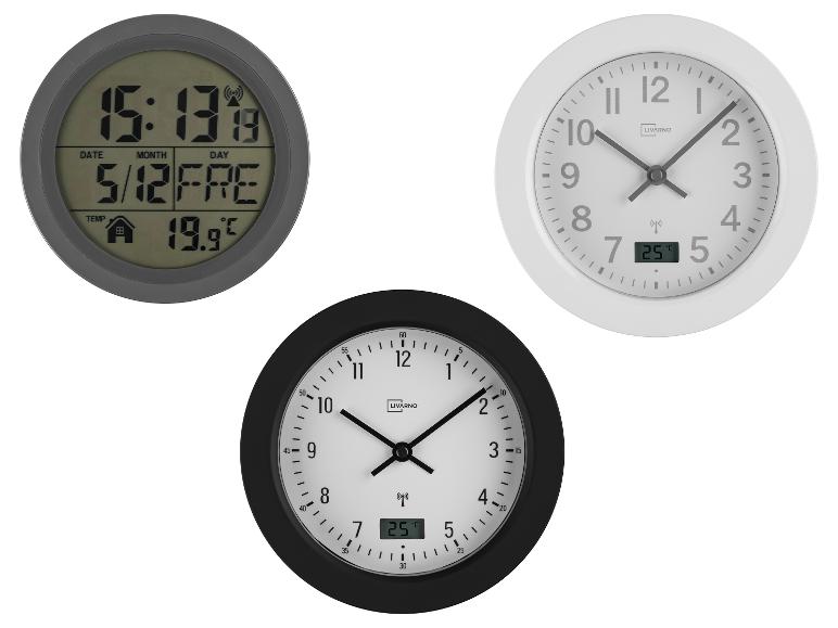 Drie ronde klokken: een digitale klok met temperatuur en datum, en twee analoge klokken met temperatuurweergave, één wit en één zwart.