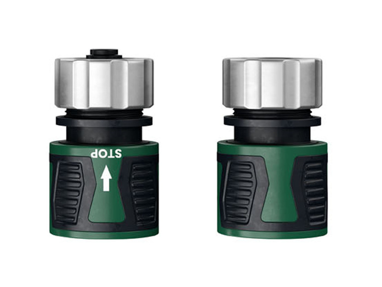 Twee groene tuinslangkoppelingen met een zilverkleurige stopkraan.