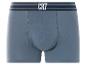 Grijze katoenen boxershort met gestreepte elastische tailleband en tekst.