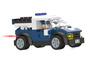 Een blauwe politie-auto gemaakt van Lego-blokken.