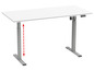 Een wit bureau met een verstelbaar onderstel dat omhoog en omlaag kan.