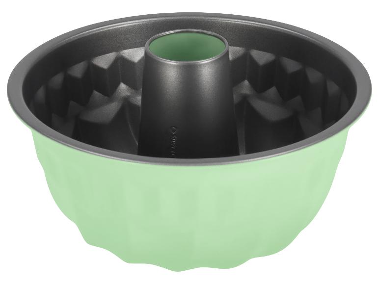 Groene en grijze Bundt cakevorm met een geometrisch patroon aan de binnenkant.