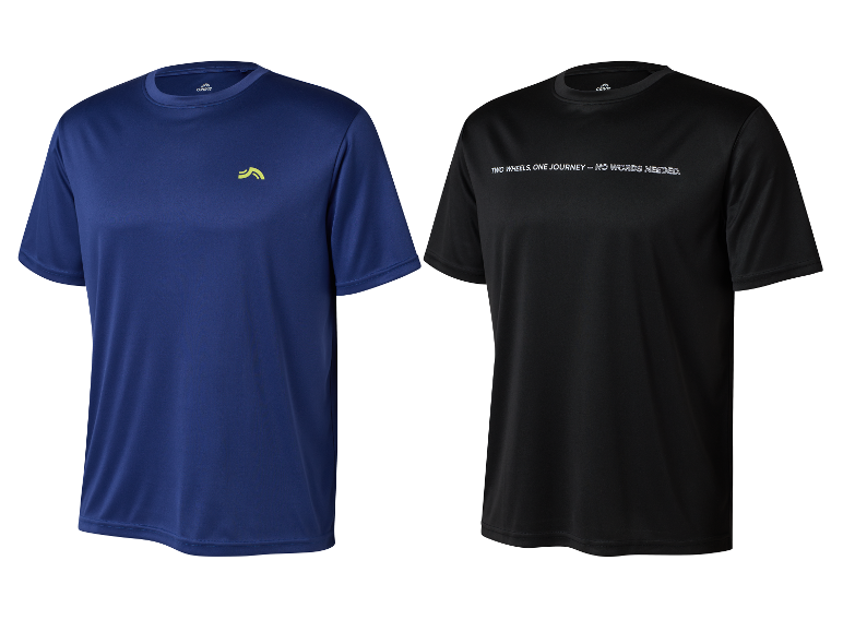 Twee Crivit fietsshirts, een donkerblauwe en een zwarte.