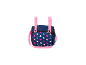 Donkerblauwe poppenwagen tas met roze en witte sterren, roze handvatten en riem.