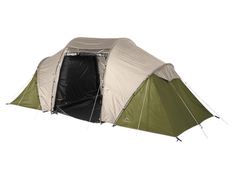 Grote familietent in beige en olijfgroen met een open ingang.