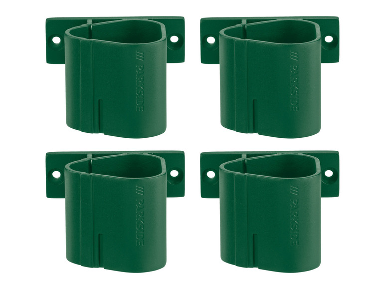 Vier groene Parkside wandbeugels voor gereedschap.