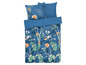 Blauwe beddengoedset met bloemenprint en stippen.