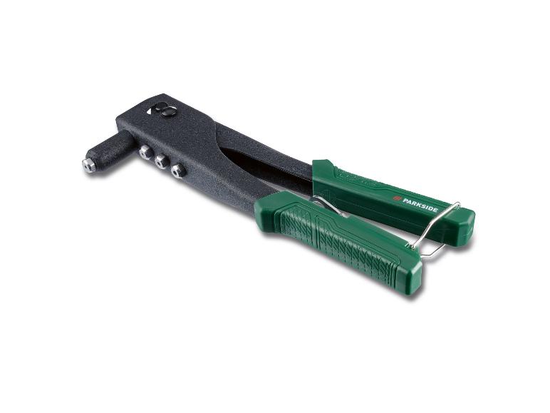 Handniettang met groene handvatten en zwart lichaam, met verwisselbare mondstukken.