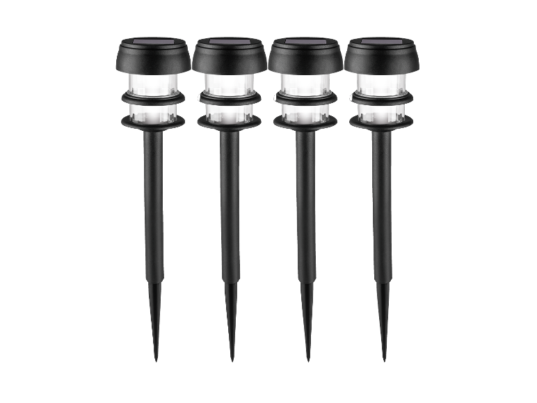 Vier zonne-tuinlampen, modern design.