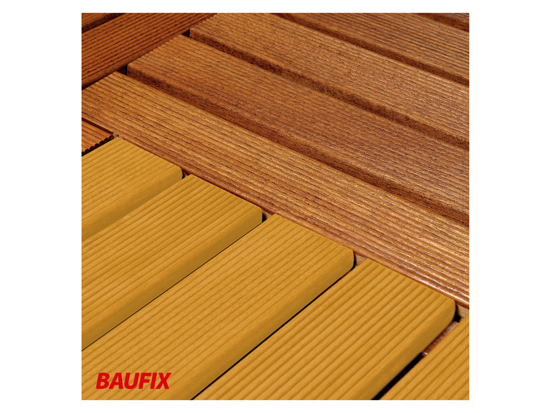 Houten terrasdelen in twee kleuren, met het merk Baufix.