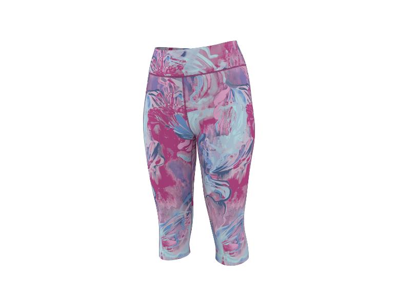 Capri fitnesslegging met abstract roze, blauw en paars patroon.