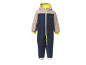 Marineblauwe en beige kinder skipak met neongele rits en voering.
