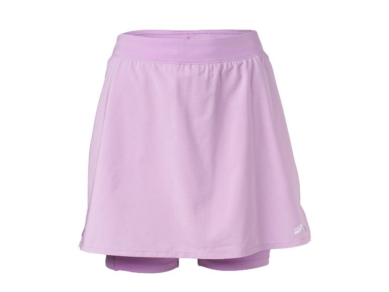 Lila sportrokje met elastische tailleband en geïntegreerde shorts.