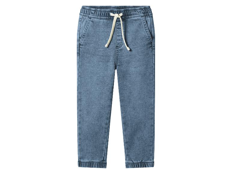 Blauwe kinder jogger jeans met elastische taille en trekkoord.