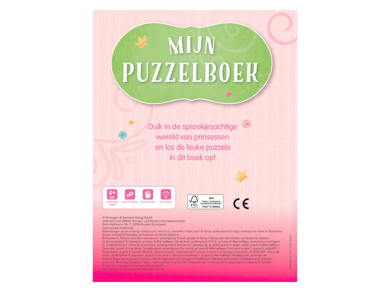 Een puzzelboek met prinsessen en puzzels voor kinderen vanaf 4 jaar.