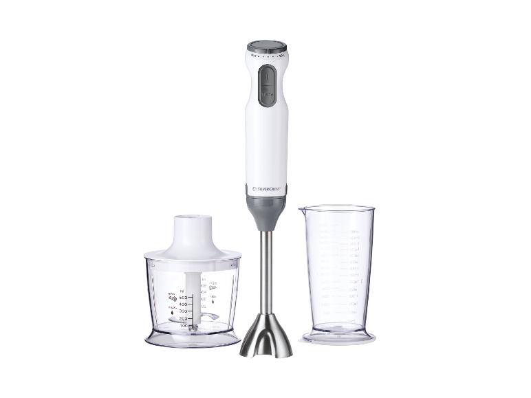 Witte SILVERCREST staafmixer met hakmolen en maatbeker.