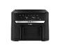Zwarte dubbele airfryer met digitaal display dat 200C en 140C instellingen toont.