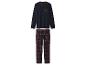 Donkerblauwe herenpyjama met lange mouwen en rood-blauwe geruite broek.
