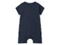 Donkerblauwe baby romper met korte mouwen, achterkant.
