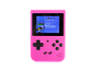 Roze handheld spelcomputer met een menu van spellen op het scherm.