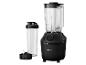 Zwarte blender met transparante kan en extra draagbare fles met messen.