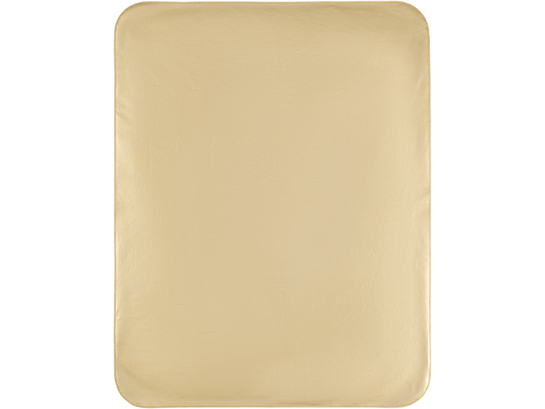 Een lichtbeige, rechthoekige deken met afgeronde hoeken.