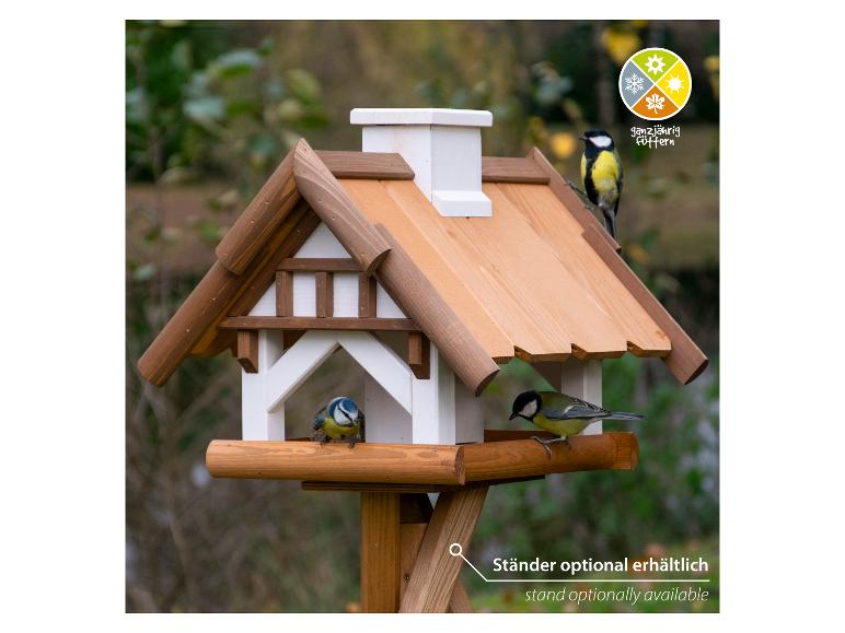 Vogelhuisje met twee mezen, geschikt voor jaarrond voeren, standaard optioneel verkrijgbaar.