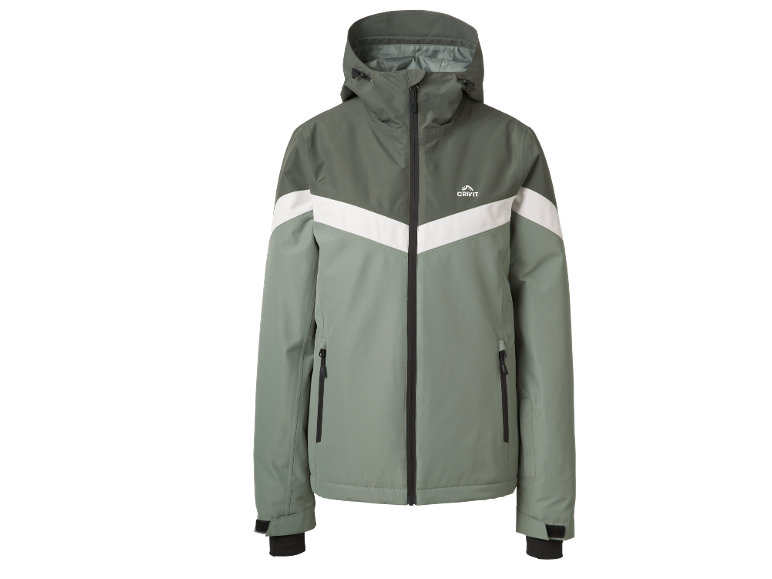 Groene herenjas met witte V-vormige streep en ritssluiting.