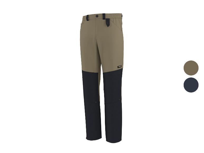 Tweekleurige werkbroek in kaki en marineblauw met verstelbare details.