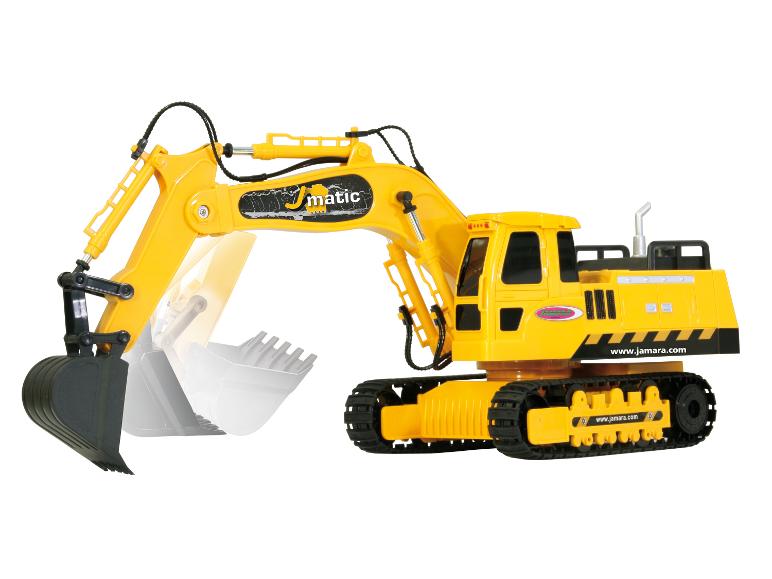 Gele Jamara J-matic speelgoedgraafmachine met bak en rupsbanden.