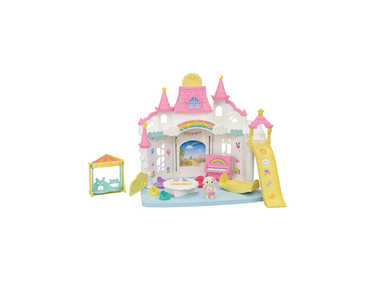 Speelgoedkasteel speelset met glijbaan, schommel, piano, tafel, stoelen en dierenfiguur