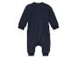 Een donkerblauwe baby romper met lange mouwen.