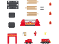 Brandweer-thema speelgoedset met houten rails, voertuigen en accessoires.