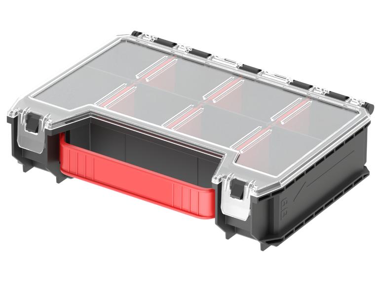 Modulaire opbergdoos met transparant deksel en rode uitneembare vakken