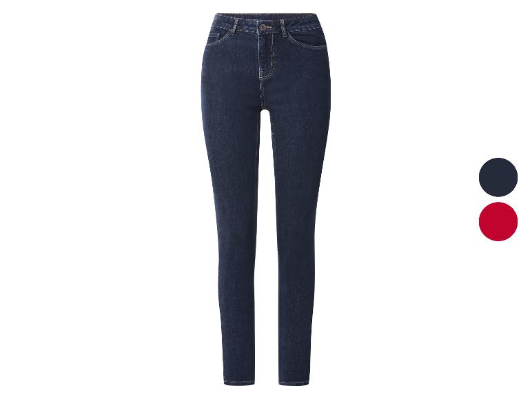 Donkerblauwe high-waist skinny jeans voor dames, met donkerblauwe en rode kleurstalen.