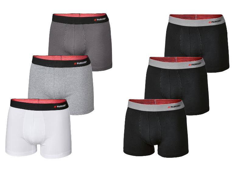 Zes Parkside boxershorts voor heren in grijs, lichtgrijs, wit en zwart.