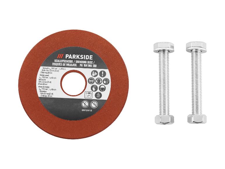 PARKSIDE slijpschijf met twee bouten, toont productspecificaties en veiligheidspictogrammen.