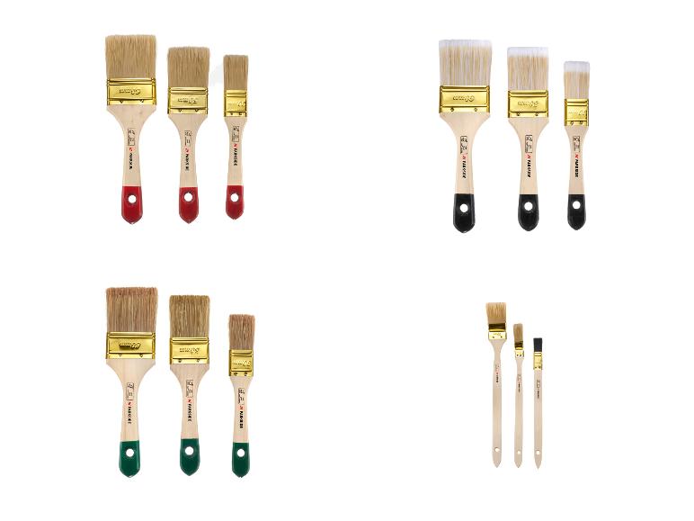 Vier sets Parkside verfkwasten in verschillende maten en kleuren.