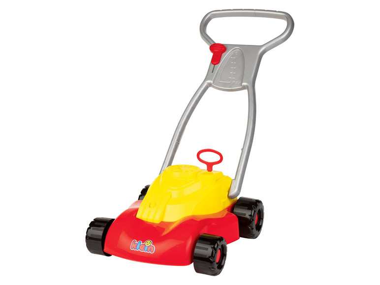 Een rode en gele speelgoed grasmaaier van Klein.