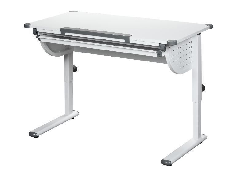Wit, verstelbaar bureau met geïntegreerde lade.