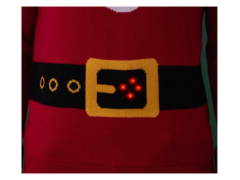 Een rode kersttrui met een zwarte riem en een riemgesp met LED-verlichting.