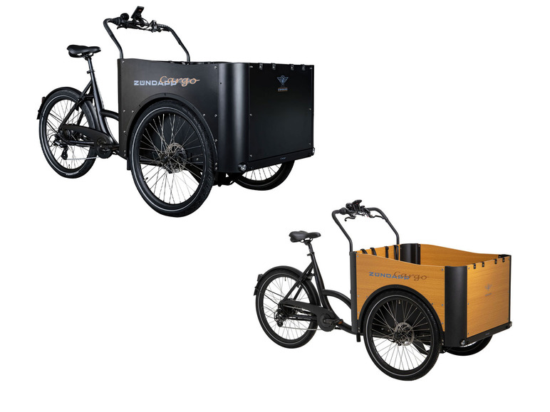 Twee Zündapp Cargo bakfietsen, één met zwarte en één met houten bak.