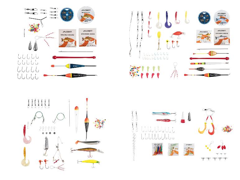 Visset met haken, dobbers, loodjes, lijnen en kunstaas.