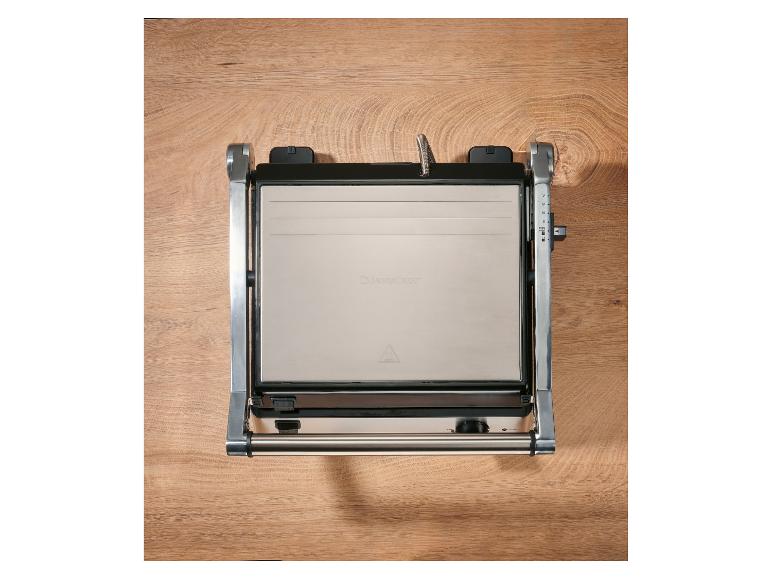 Contactgrill met roestvrijstalen kookplaten en temperatuurregeling.
