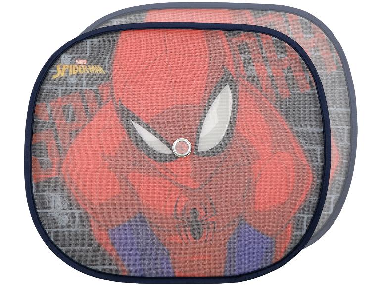 Twee Marvel Spider-Man auto zonneschermen met een afbeelding van Spider-Man tegen een bakstenen muur.