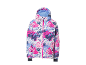 Kinderwinterjas met kleurrijke abstracte print en roze rits.