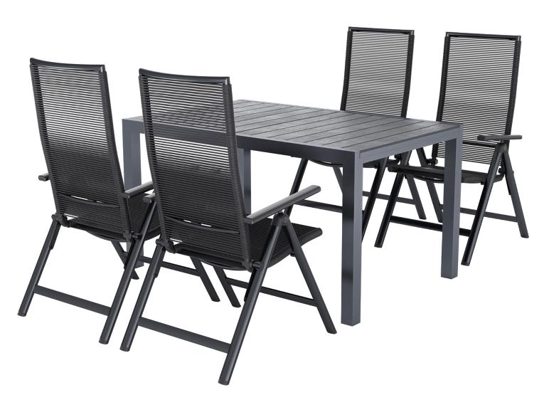 Donkergrijze tuineetset met een rechthoekige tafel en vier stoelen met lattenruggen.