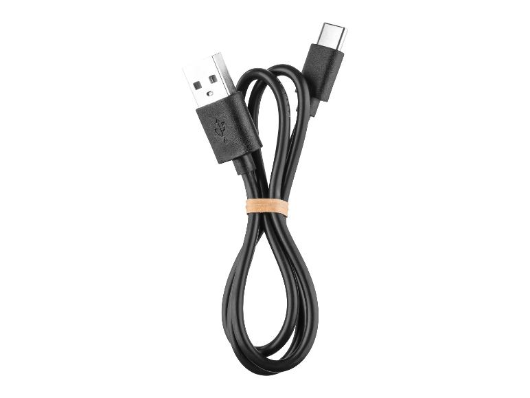 Zwarte USB-A naar USB-C kabel omwikkeld met een elastiekje.