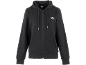 Zwart vest met capuchon en rits, met wit logo op de borst.